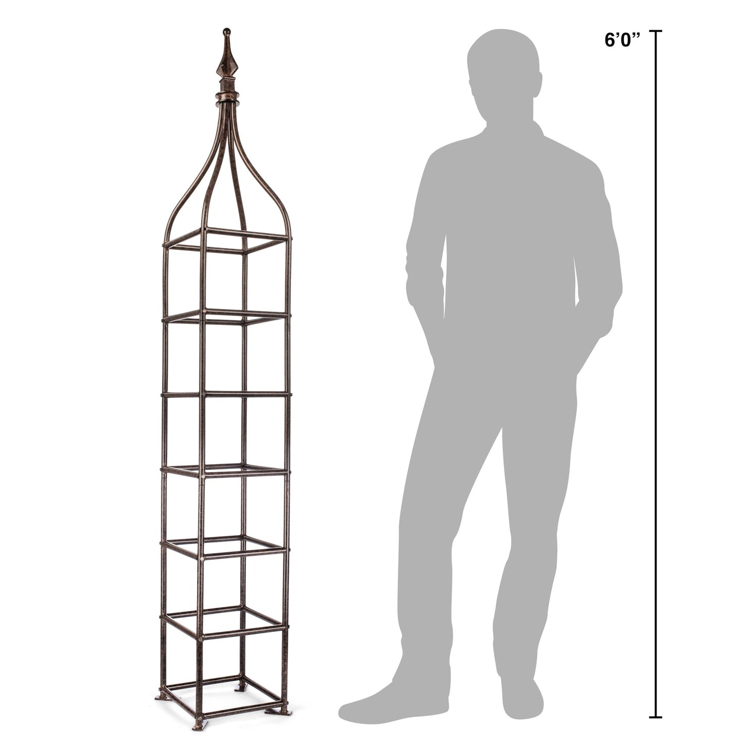 H Potter patio planter metal obelisk trellis shown next to person for height scale