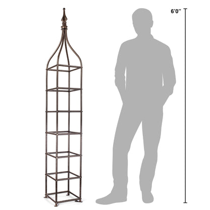 H Potter patio planter metal obelisk trellis shown next to person for height scale