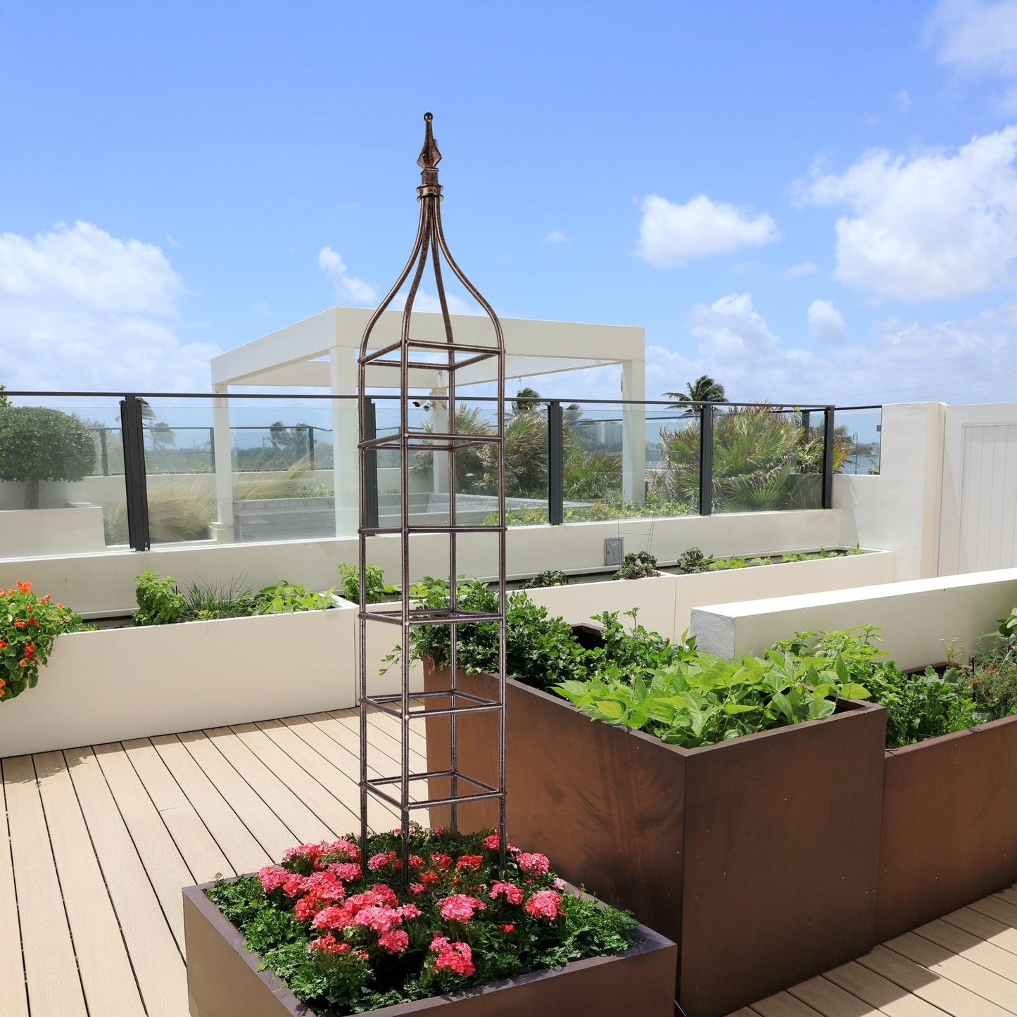 H Potter metal patio planter obelisk trellis installed in raised garden planter