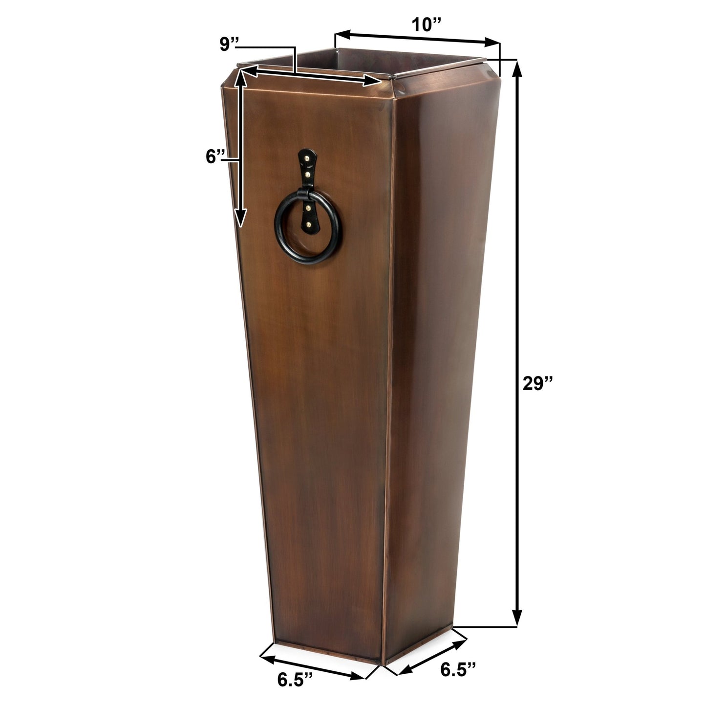 H Potter tall copper planter with dimensions diagram, size measurements labeled for entryway/front door decor