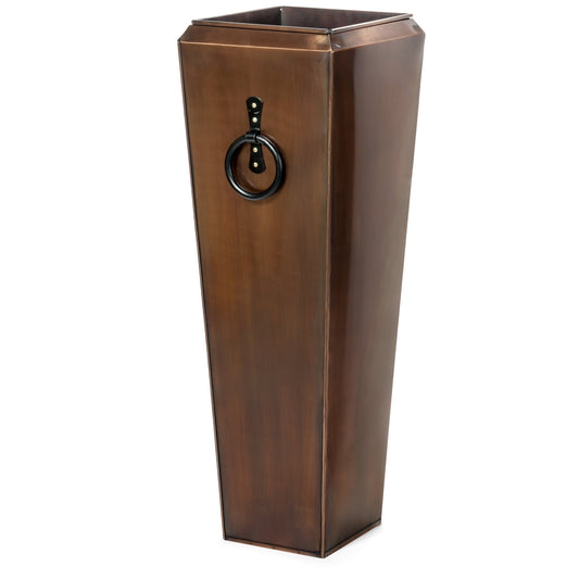 H Potter tall copper planter, handmade decorative indoor outdoor container, front view with black handles