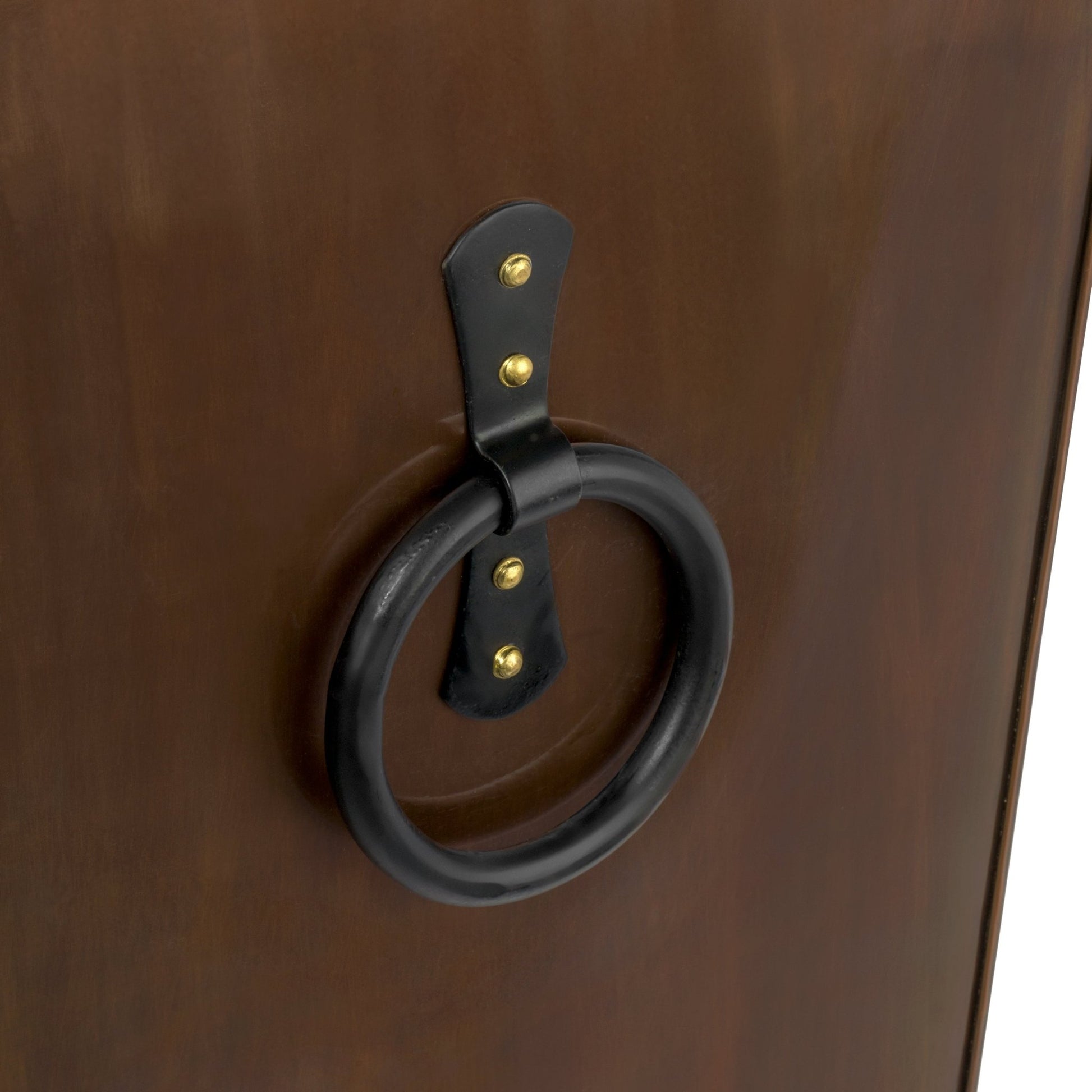 Close-up of black handle on H Potter tall copper planter, handcrafted copper with sturdy metal hardware