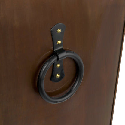 Close-up of black handle on H Potter tall copper planter, handcrafted copper with sturdy metal hardware