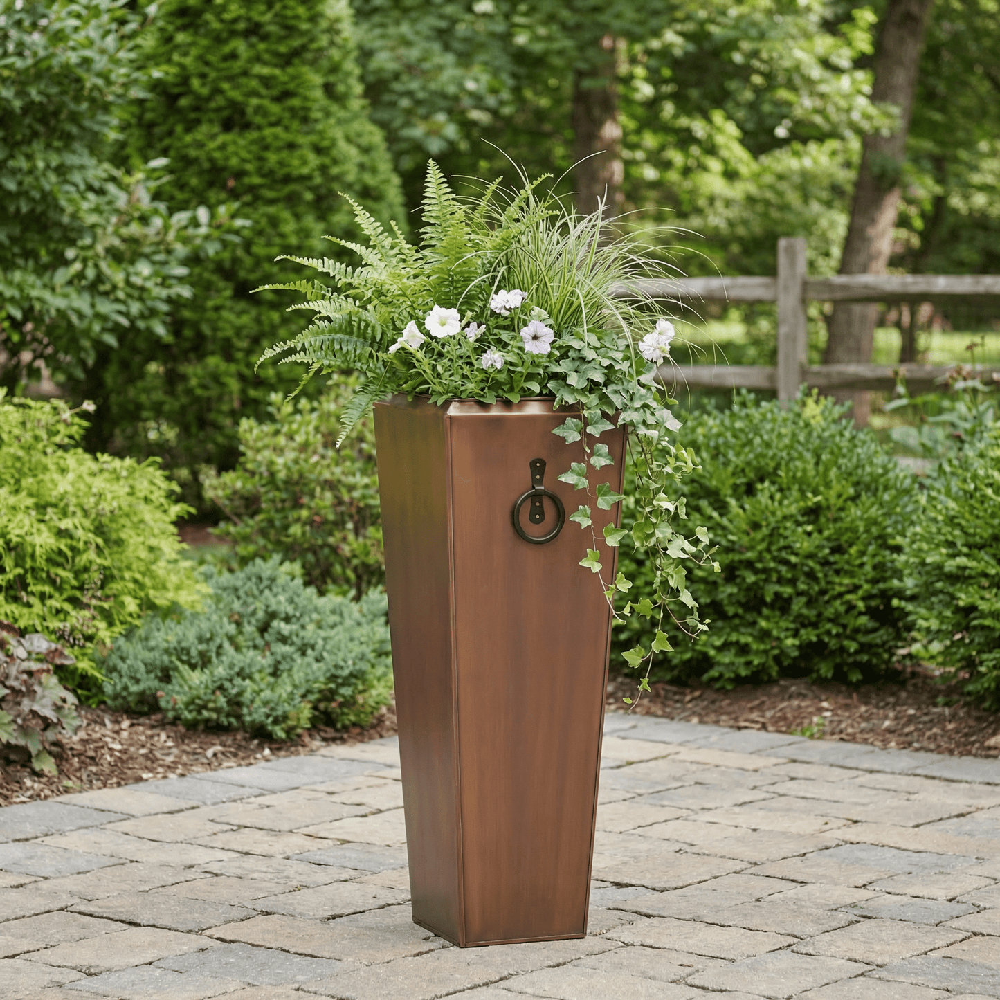 large brown high-density resin tall indoor/outdoor planter H Potter 35" Tall Santa Fe Planter Large Antique Copper
