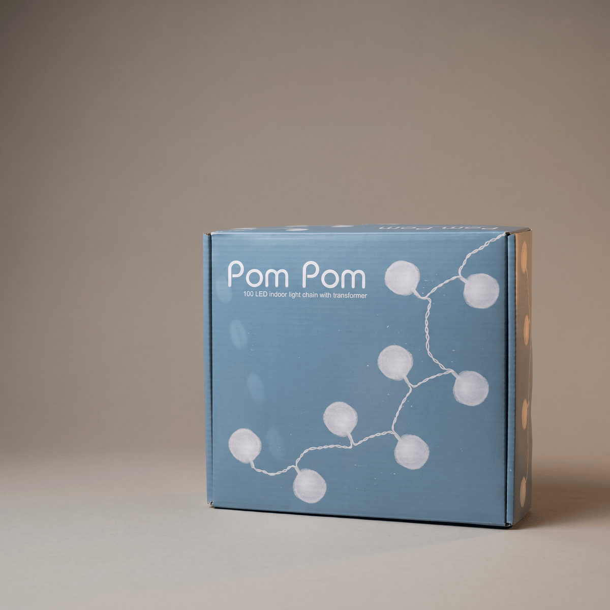 h potter rectangular product box for 'Pom Pom' 100 LED warm white string lights, featuring a light blue design with white illustrations of glowing pom-poms on a neutral beige background.