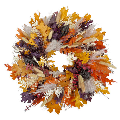 H Potter Preserved Fall Wreath – Autumn Drift 20 Inch colored leaves, pampas grass