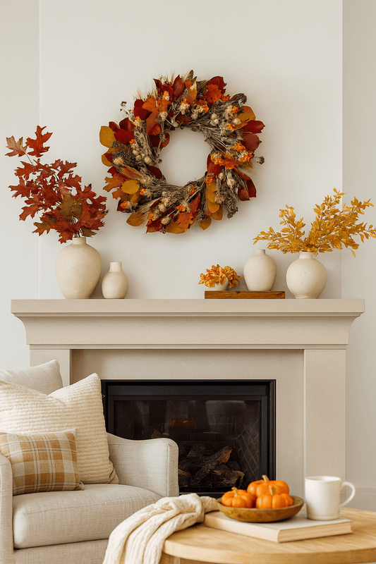 H Potter preserved gratitude wreath with salal, red oak leaves, safflower, nigella, green wheat above fireplace