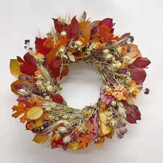 H Potter - Preserved Gratitude Autumnal Wreath preserved burgundy & orange salal, red oak, millet, safflower; indoor fall décor on white background