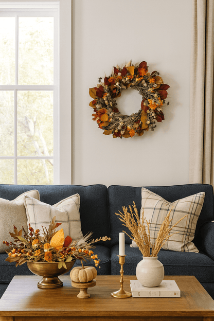 Handcrafted autumn wreath by H Potter with preserved salal, red oak, millet, safflower & nigella—warm indoor harvest décor in a living room above a couch.