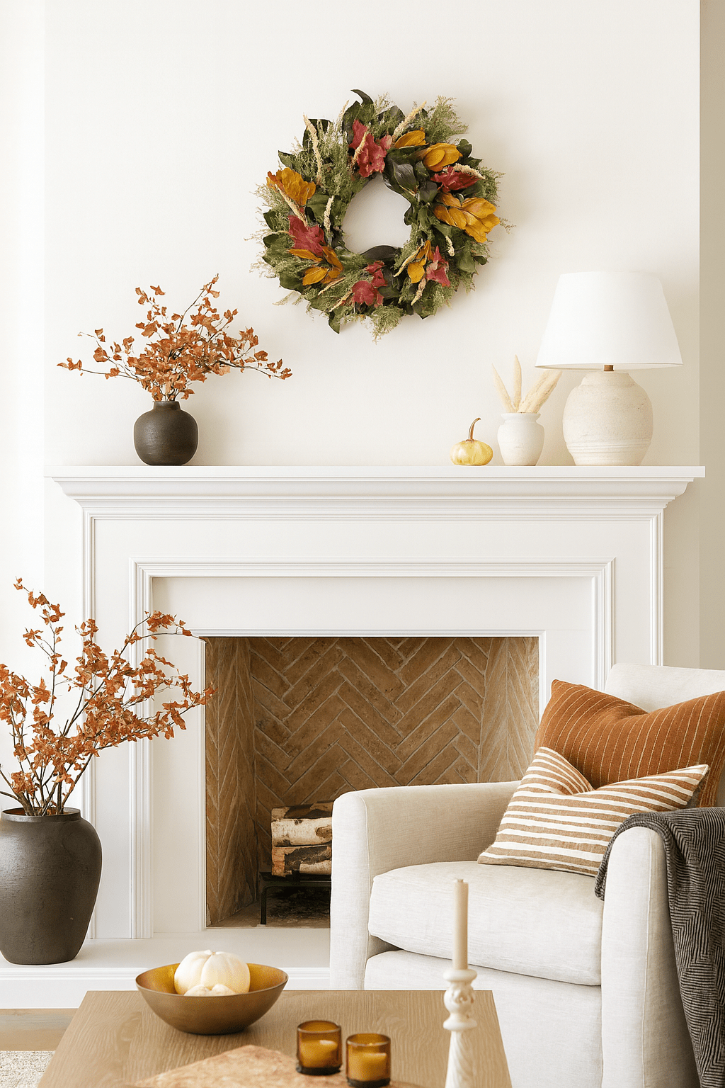 H Potter preserved rustling fields Handcrafted fall wreath with preserved salal, red oak, sweet Annie, Avena oats, feather reed grass above a fireplace in a living room