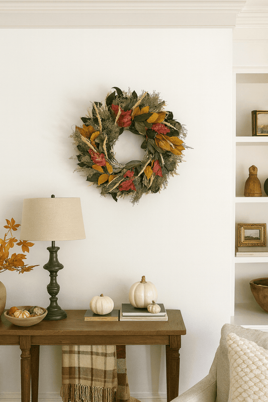 H Potter preserved rustling fields wreath with salal, red oak, sweet Annie, Avena oats, feather reed grass on living room wall.