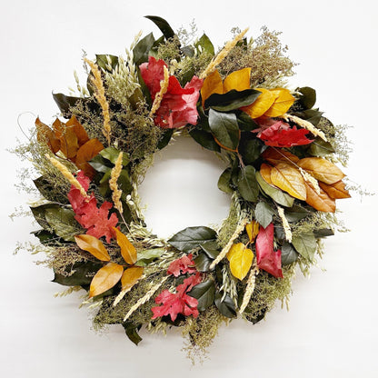 H Potter Preserved Rustling Fields Wreath preserved salal, red oak, sweet Annie, Avena oats, Saltese feather reed grass; indoor fall decor on white background