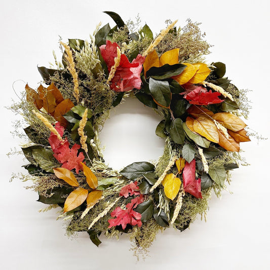 H Potter Preserved Rustling Fields Wreath preserved salal, red oak, sweet Annie, Avena oats, Saltese feather reed grass; indoor fall decor on white background