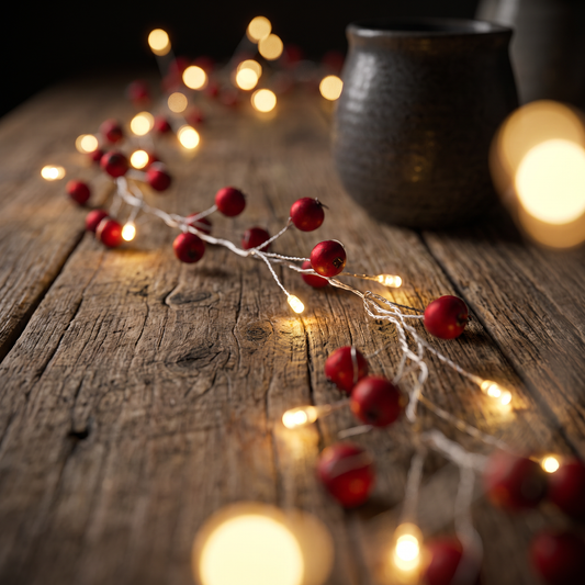 h potter hanging string lights with small red berry-like ornaments and warm white string lights on a dark gray gradient background.