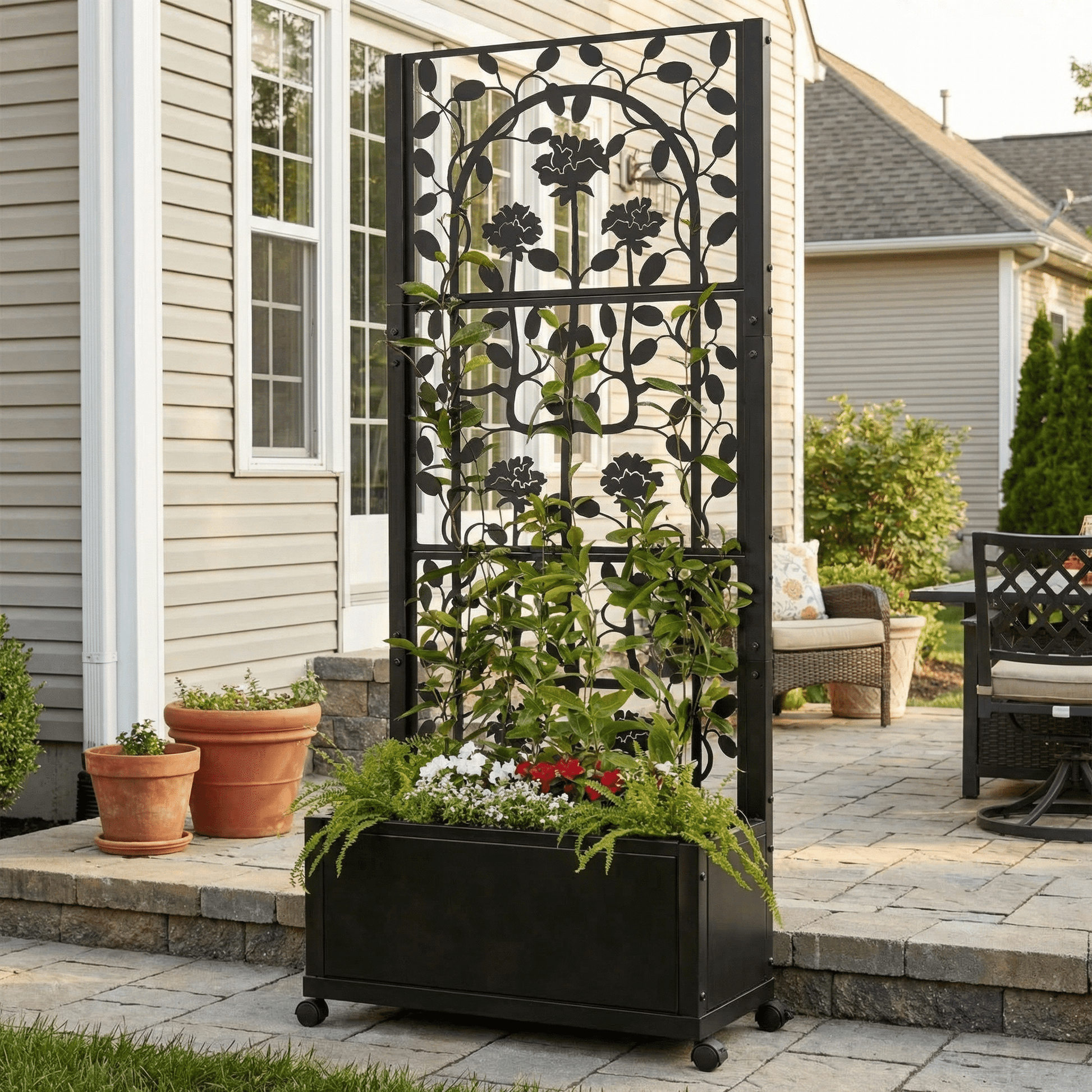 black planter box with trellis H Potter Rose Trellis Planter Privacy Screen in Black for Patio Deck Balcony