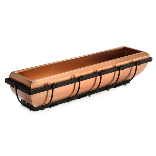 Rounded copper H Potter window box with black powder-coated metal mounting brackets for outdoor home and garden décor.