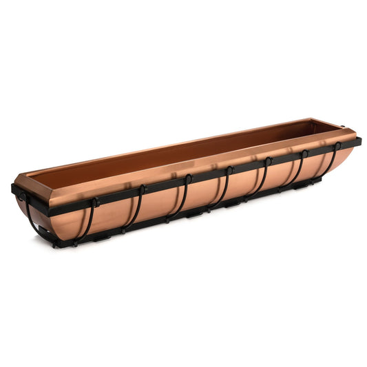 H Potter rounded copper window box planter with black metal mounting brackets for outdoor use on homes, decks, or railings