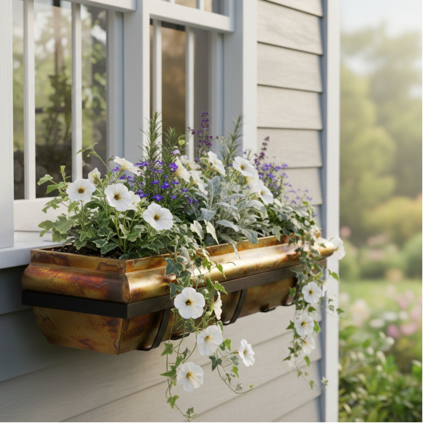 Window box in rustic copper filled with flowers mounted on a grey sided house
