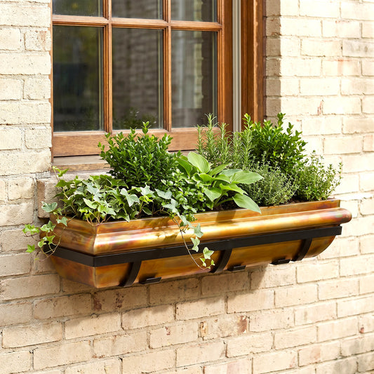 H Potter rustic copper window box in 36 inch length with black metal brackets