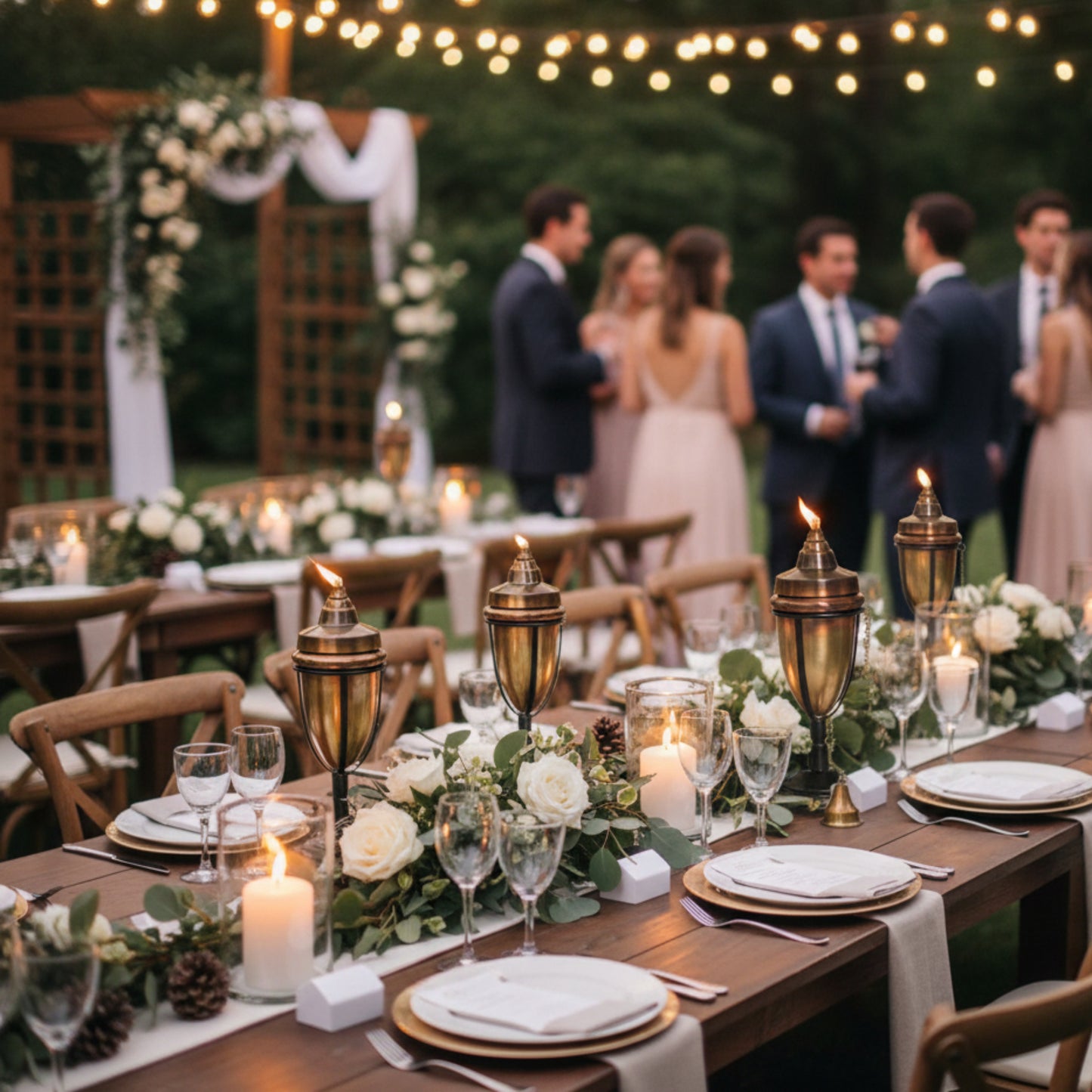 h potter metal garden torches as table lighting at a wedding reception