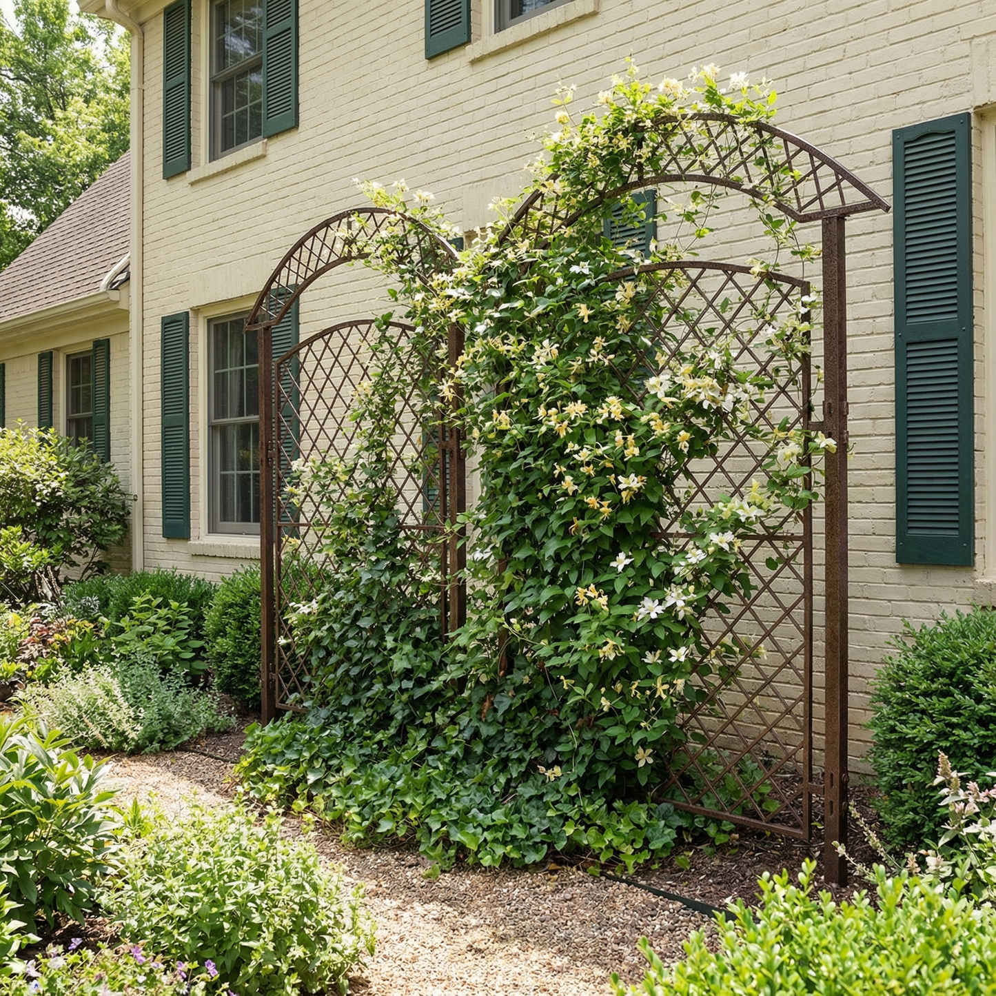 Decorative metal arch with climbing plants against a house exterior
