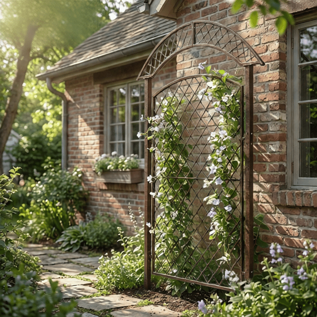 H Potter savannah metal garden trellis outside a brick home