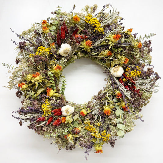 H Potter savory harvest autumn wreath—dried artemisia, oregano, baby eucalyptus, tansy, safflower, chili peppers; indoor fall décor on white background