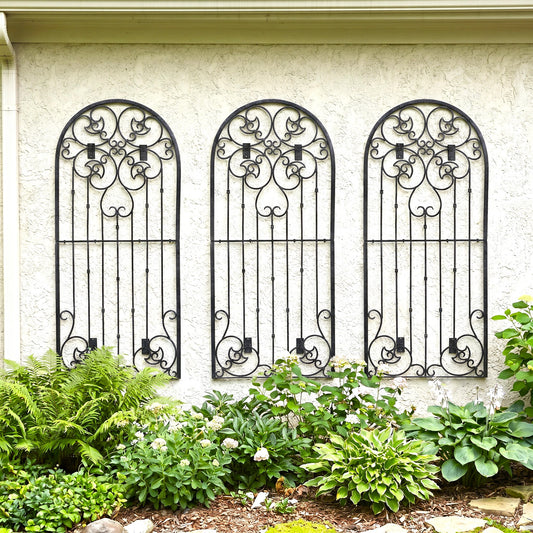 h potter metal garden wall trellises on a house with hostas in landscaping