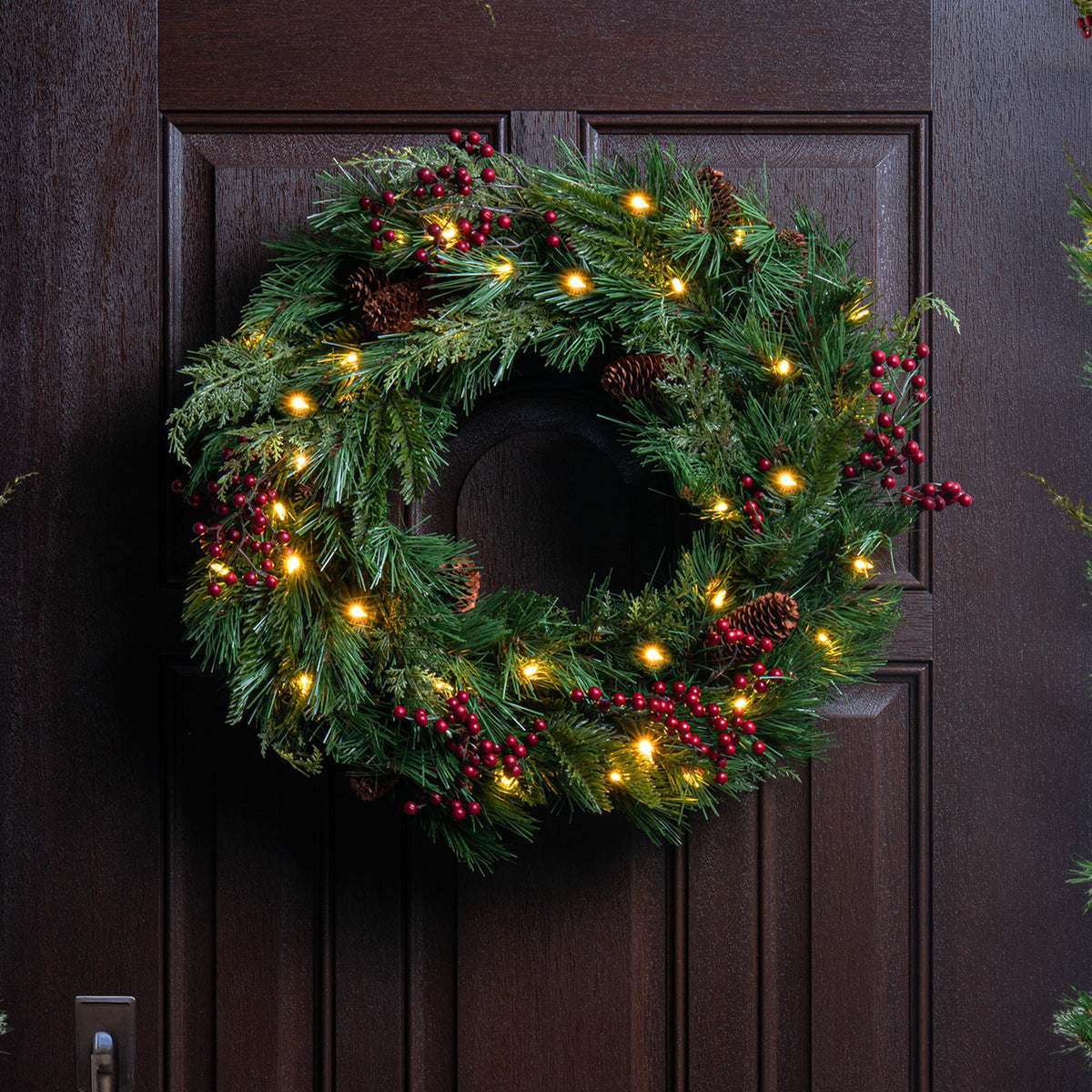 H Potter - Faux Sierra Waterproof Evergreen Wreath & Bell Trellis Set