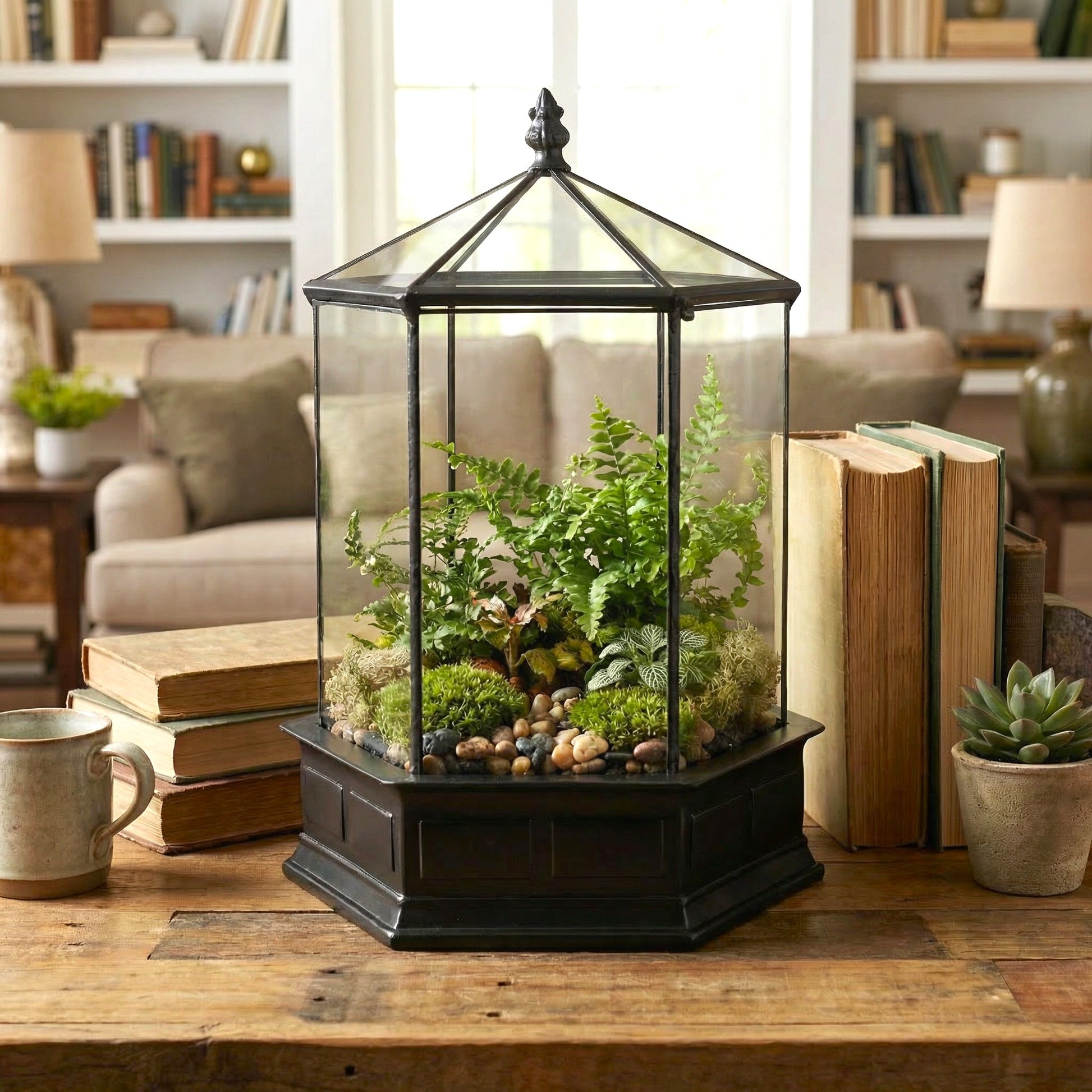 H Potter terrarium on a wooden table with books and a cup in a home setting