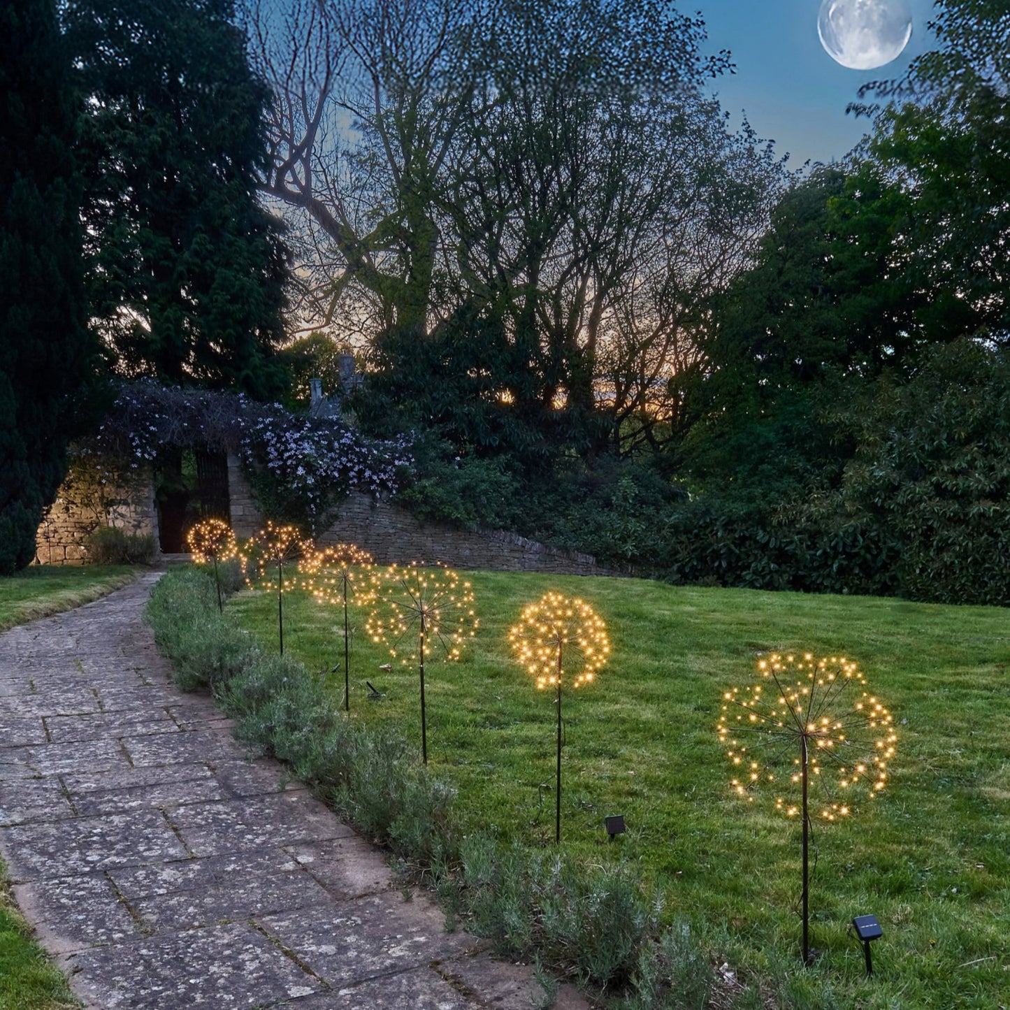 H Potter solar lights along a pathway in the moonlight