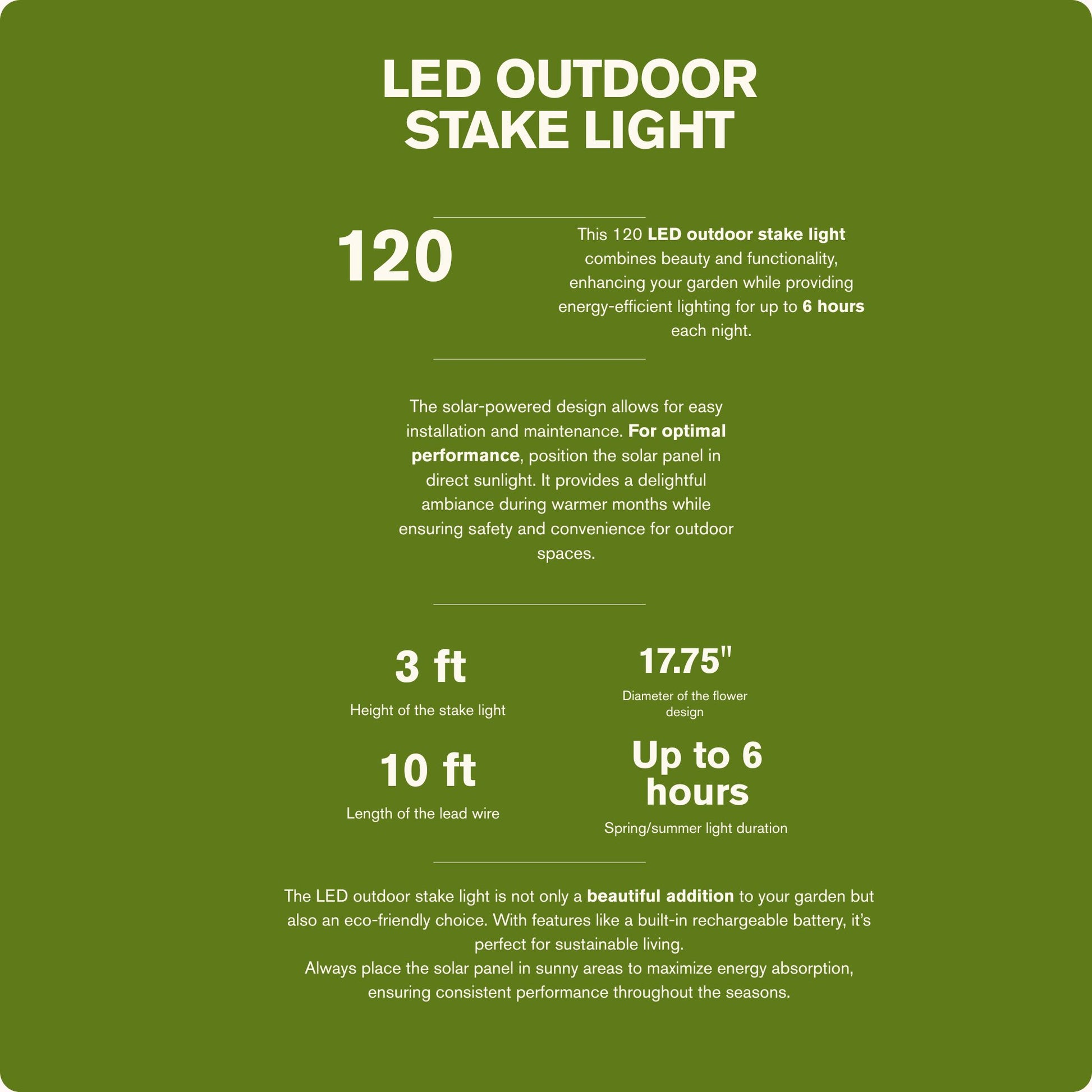 H Potter product description of LED outdoor stake light on a green background