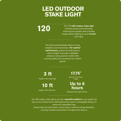 H Potter product description of LED outdoor stake light on a green background