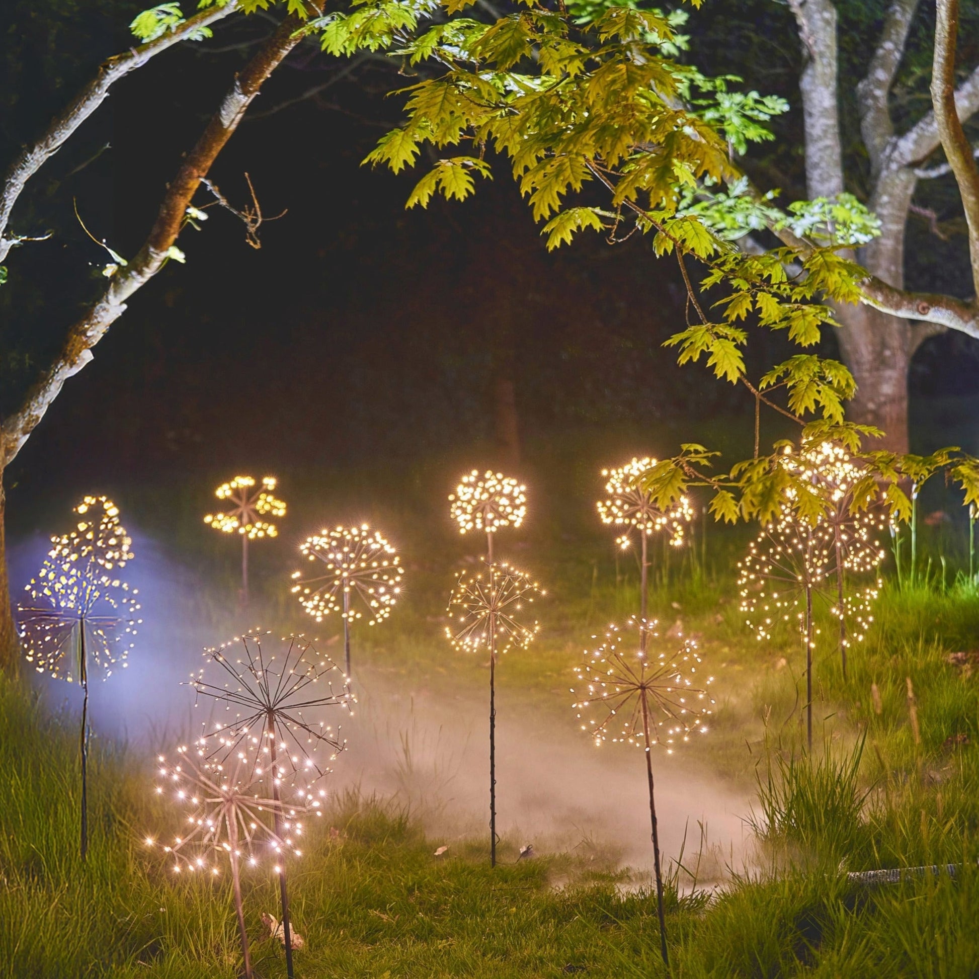 h potter solar lights with fog in a backyard