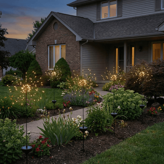 h potter solar sparkle stake lights in a front yard near a garden path