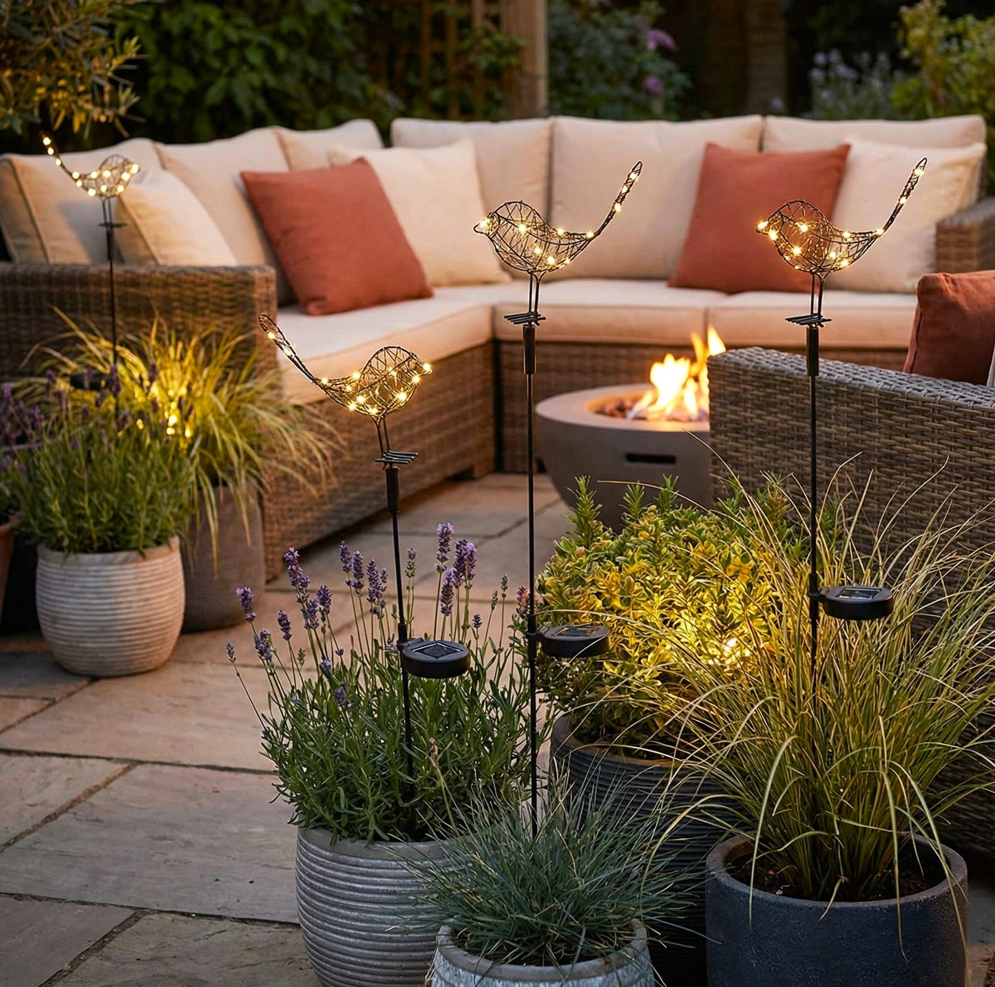 H Potter Solar Sparrow Garden Stake Light – Metal Birds on patio in planters