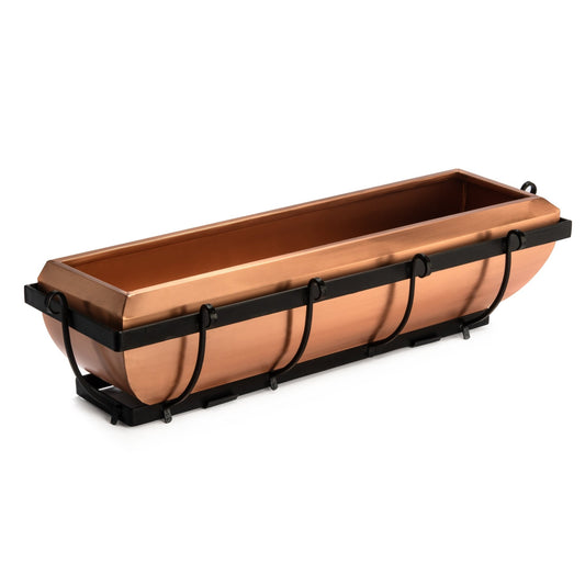 H Potter copper window box with black metal brackets for outdoor mounting.