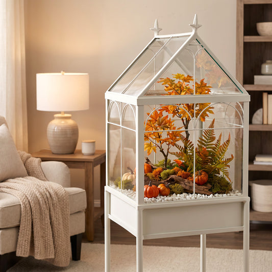 h potter brand white metal and glass house-shaped terrarium with autumn foliage, small pumpkins, moss, and white pebbles, displayed in a cozy living room next to a lamp and armchair.