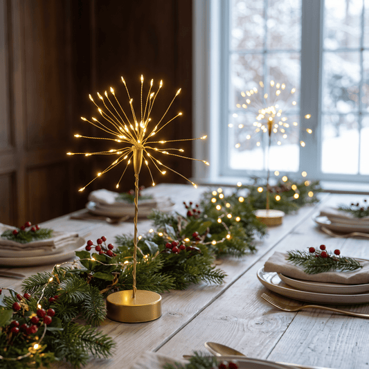 h potter gold led decor glowing warmly, decorated with green pine garlands, red berries, and white plates in a bright dining room.