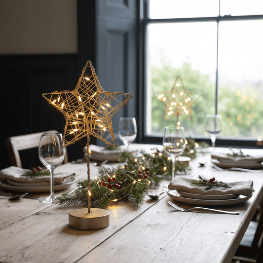 H Potter decorative gold wire star with warm white lights stands on a round wooden base on a dining table, surrounded by holiday greenery and place settings, with a second matching lamp visible in the background near a window.