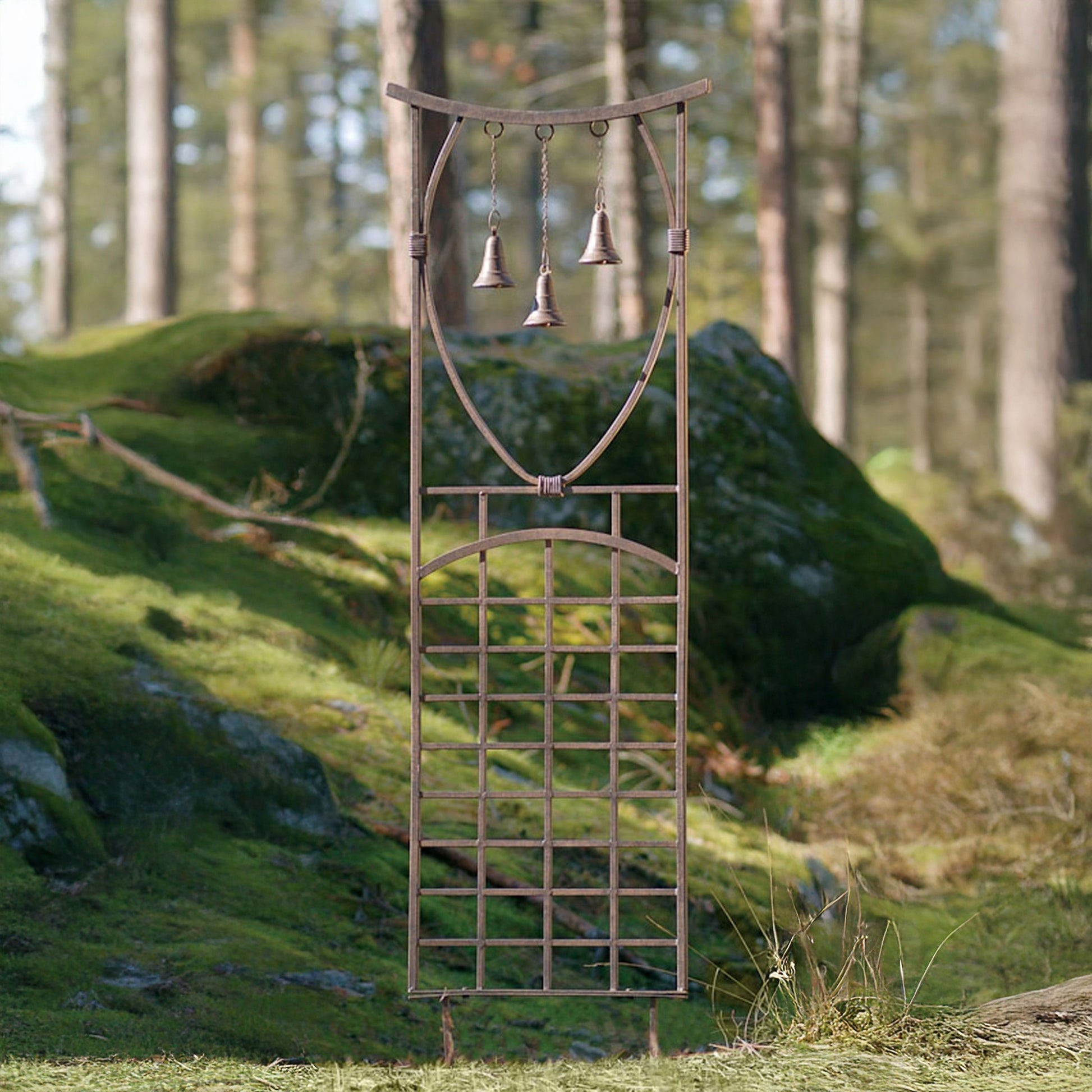 H Potter Steeple Bells garden trellis metal yard art GAR313 displayed outdoors in a garden setting