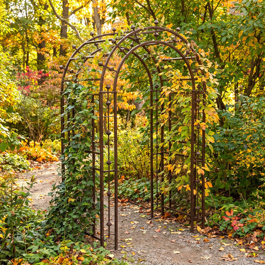 H Potter metal garden arbor in fall garden scene