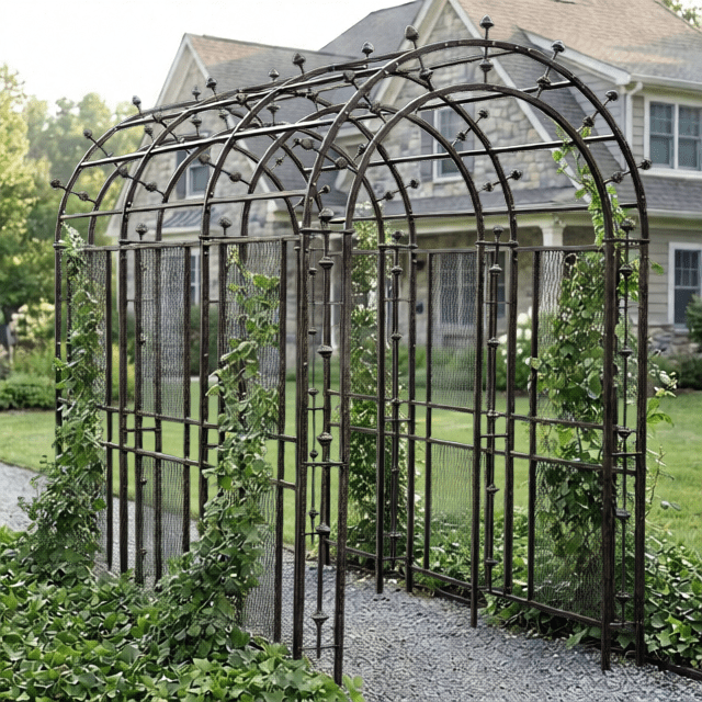 H Potter Stratford large garden arbor trellis tunnel on a rock garden path in a front yard of home
