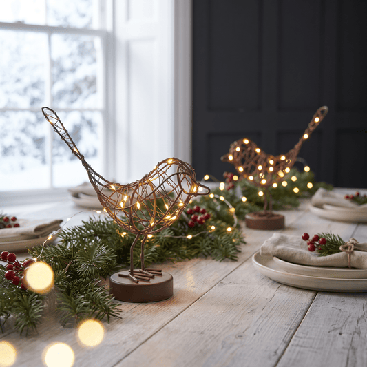 Two wire bird table lights with warm glowing bulbs, displayed on a rustic wooden table decorated with green pine garlands, red berries, and place settings in a cozy indoor setting.
