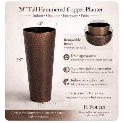 Dimensions and removable insert details for H Potter 28 inch copper planter