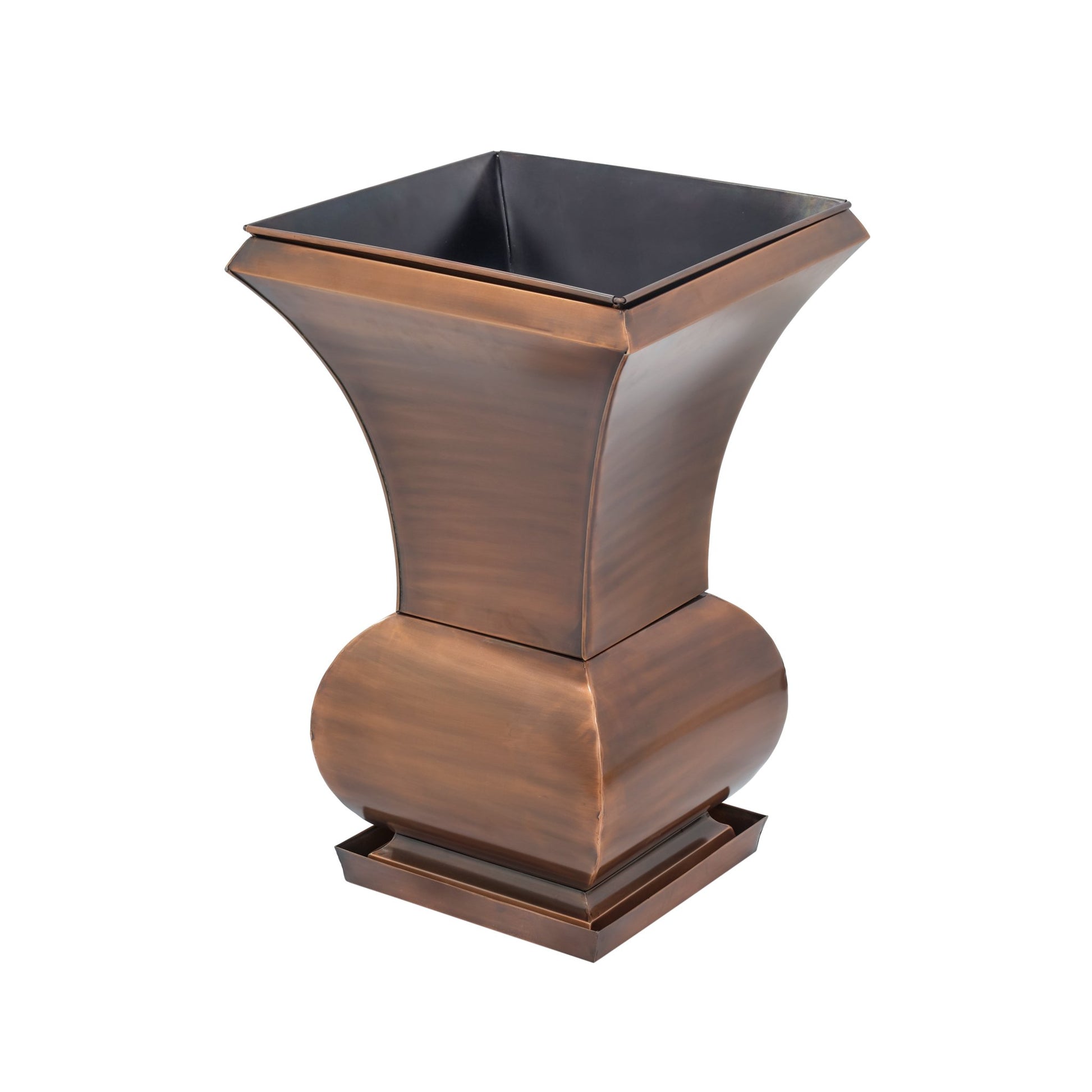H Potter tall copper garden urn planter shown with drip tray