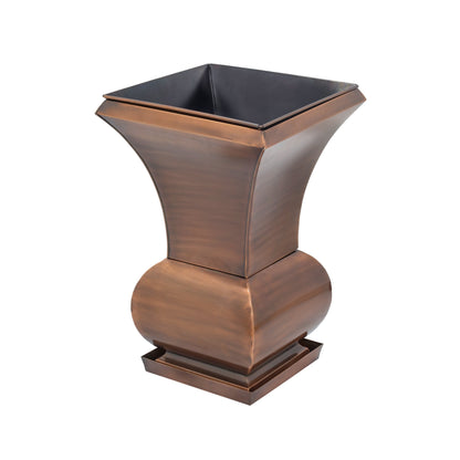H Potter tall copper garden urn planter shown with drip tray