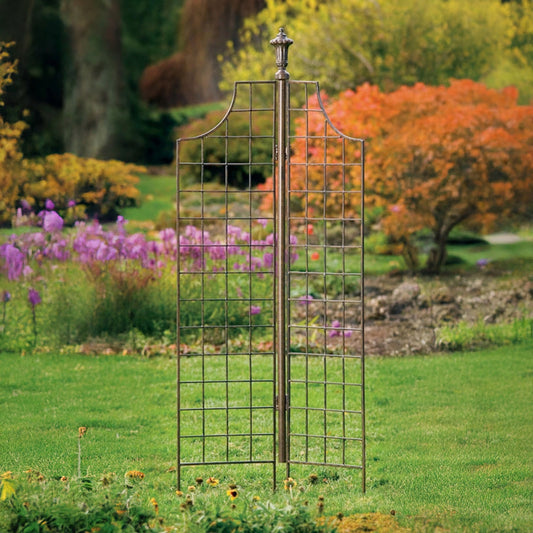 H Potter tall arched-top metal garden trellis with decorative finials in a charcoal brown powdercoat finish