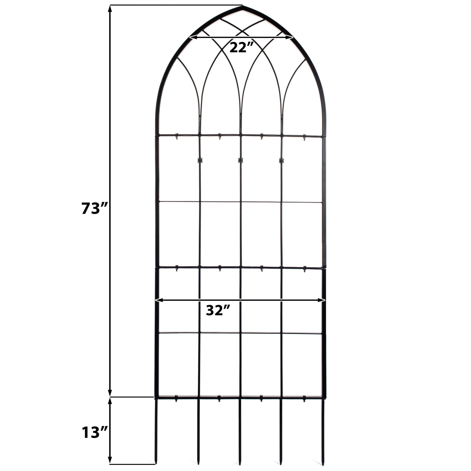 Dimension diagram of H Potter large black gothic garden trellis with width and height labeled