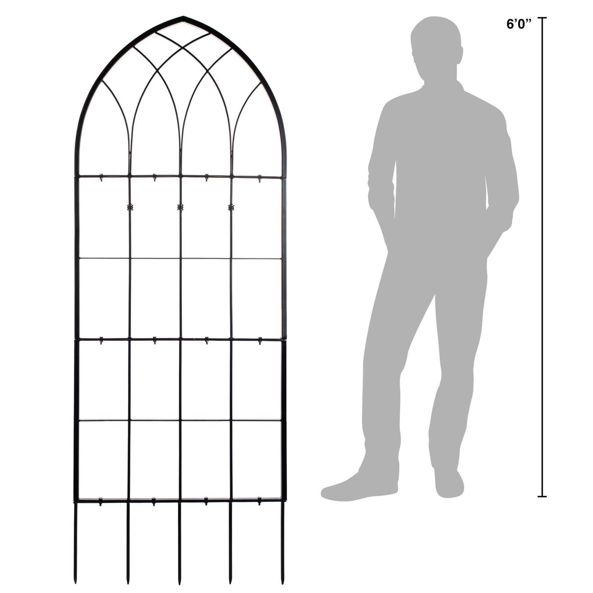 H Potter gothic wrought iron garden trellis, size reference shown beside grey human silhouette